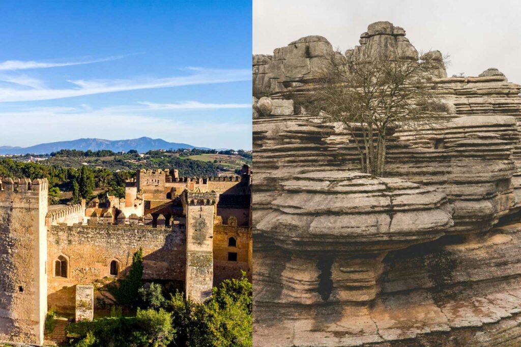 Vista del castello di Antequera e formazioni rocciose del Parco El Torcal