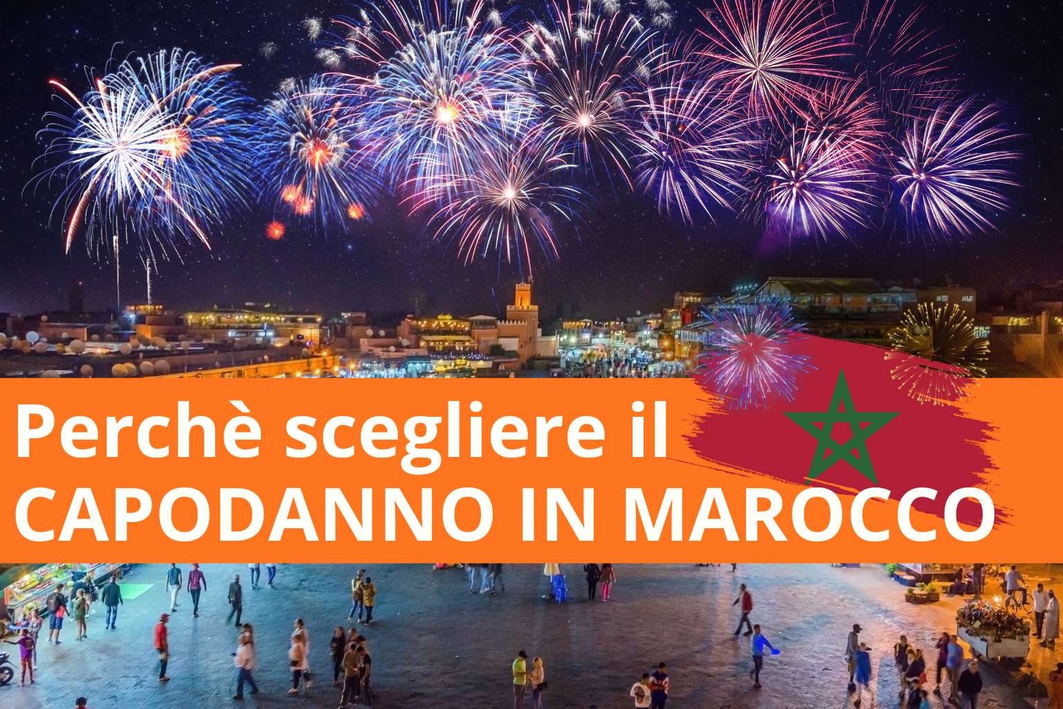 Fuochi d’artificio sulla piazza di Marrakech durante il Capodanno in Marocco, con turisti e luci colorate in festa.